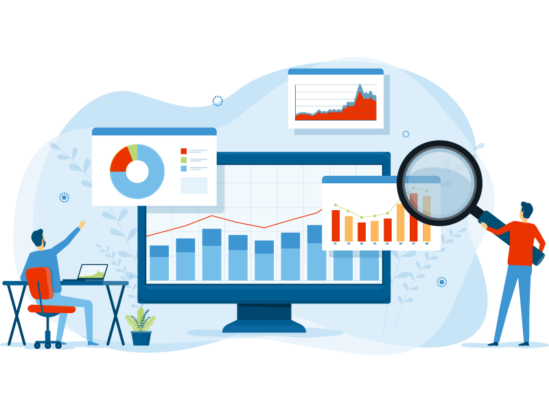 Illustration of people in front of a large screen analyzing data