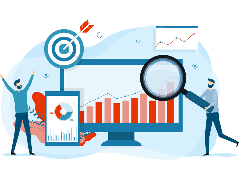 Illustration of two people celebrating on-target trending data