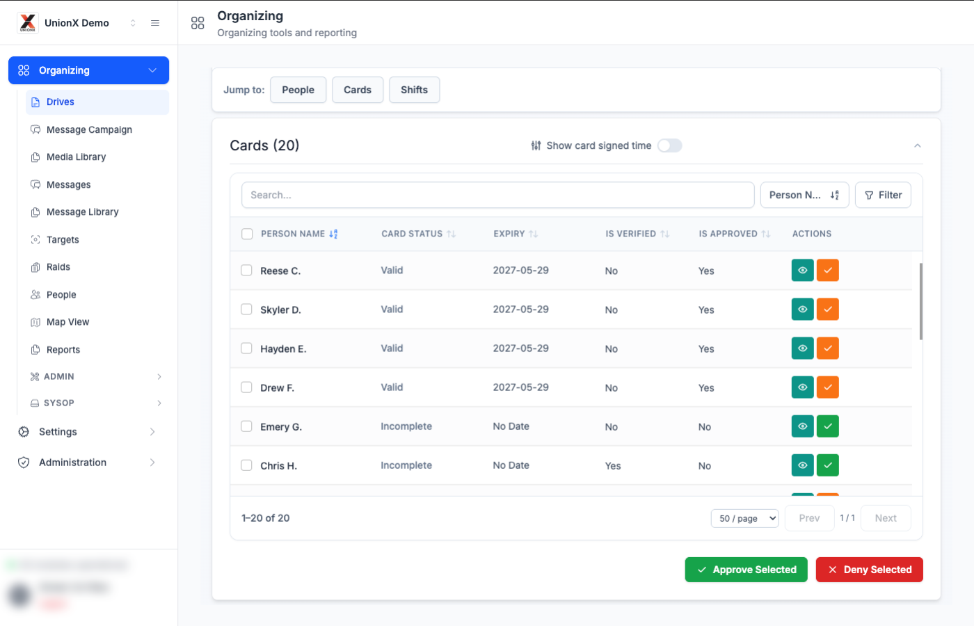 Digital and paper card collection in UnionX Organizing with card status tracking, paper card photo uploads, and labour board export support