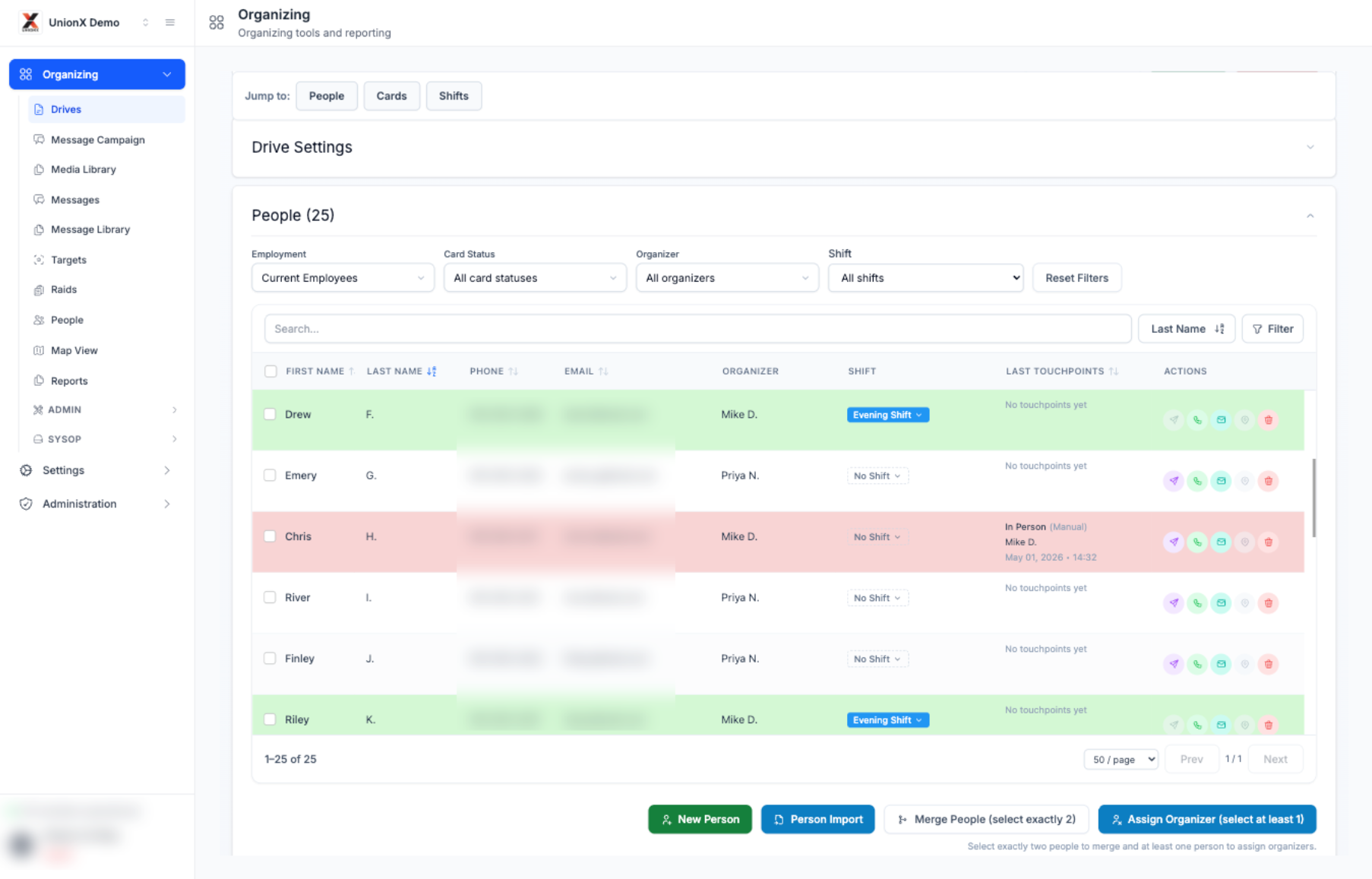 UnionX Organizing workflow for building crew lists, managing organizing targets, and coordinating workers from research to filing