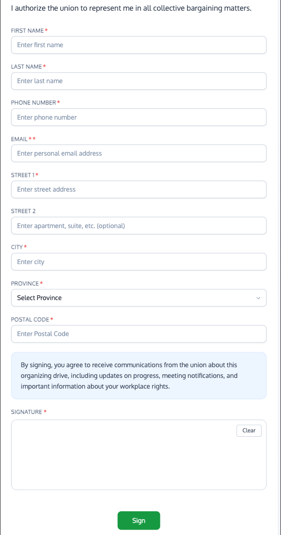 UnionX Organizing digital card signing page showing campaign-specific signature workflow for union card collection