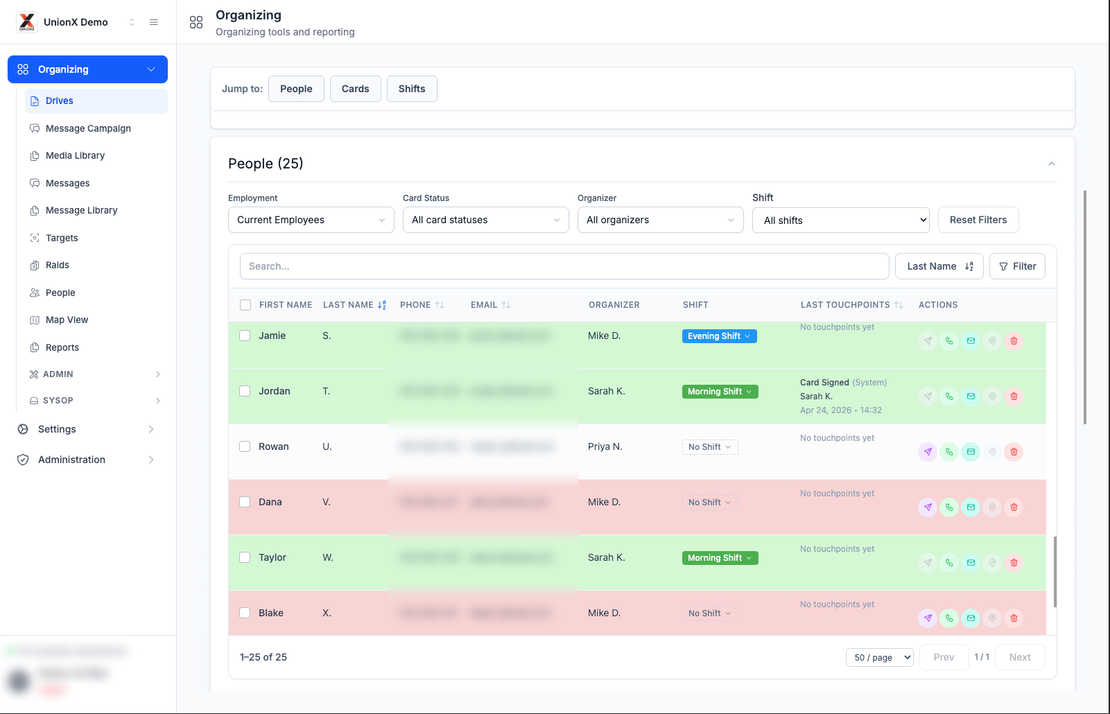 UnionX Organizing worker sentiment tracking showing friendly, hostile, undecided, and follow-up status for workers in an organizing campaign