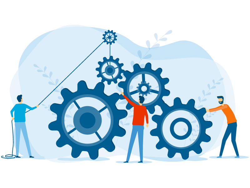 Illustration of people turning giant cogs to make them move