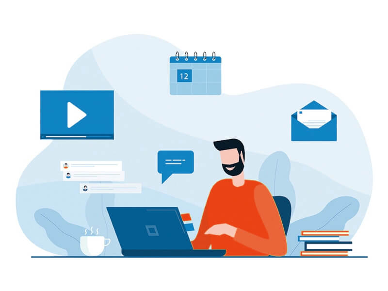 Illustration of person on a laptop with video chat boxes around them representing a team