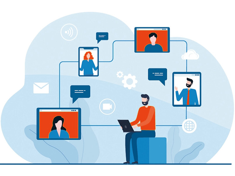 Illustration of a team member on a laptop with video chat boxes around them